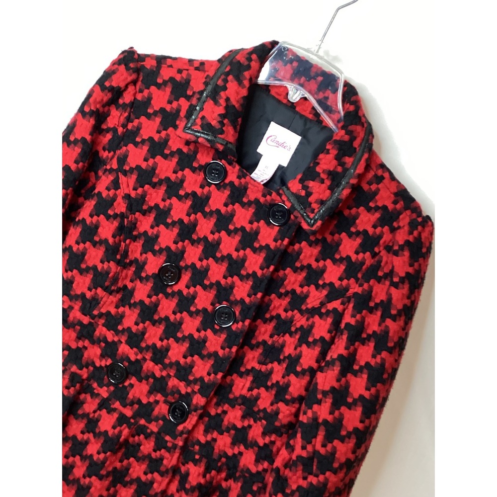 Candies Girl's Red Black‎ Houndstooth Coat Double Breasted Faux Leather Trim